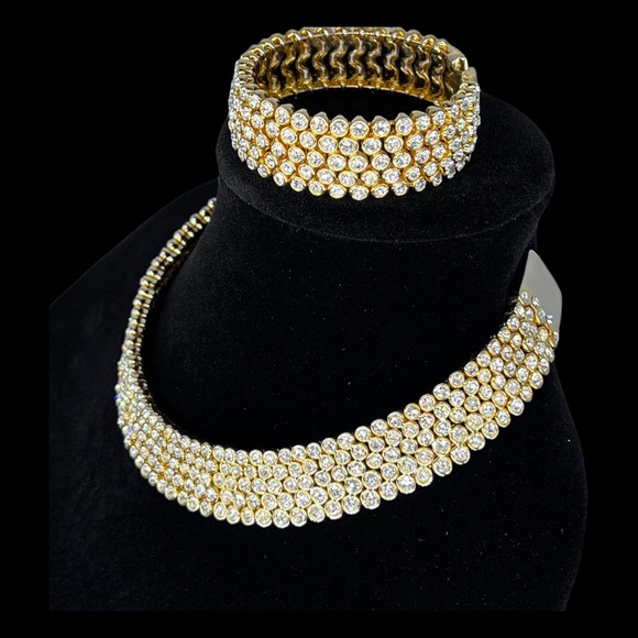 Gold Tone Rhinestone Collar Choker Cuff Necklace and Matching Cuff Bracelet - Picture 4 of 6